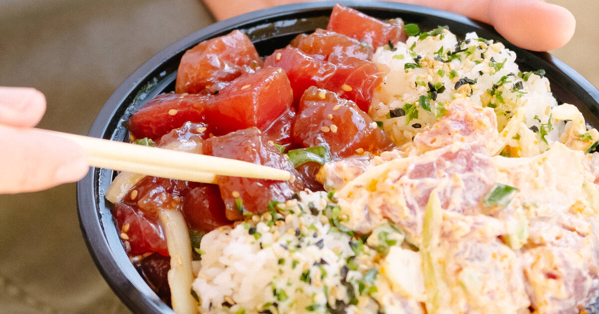 "As seen from Hawaii, these embroidered poke bowls just throw anything into the bowl"
